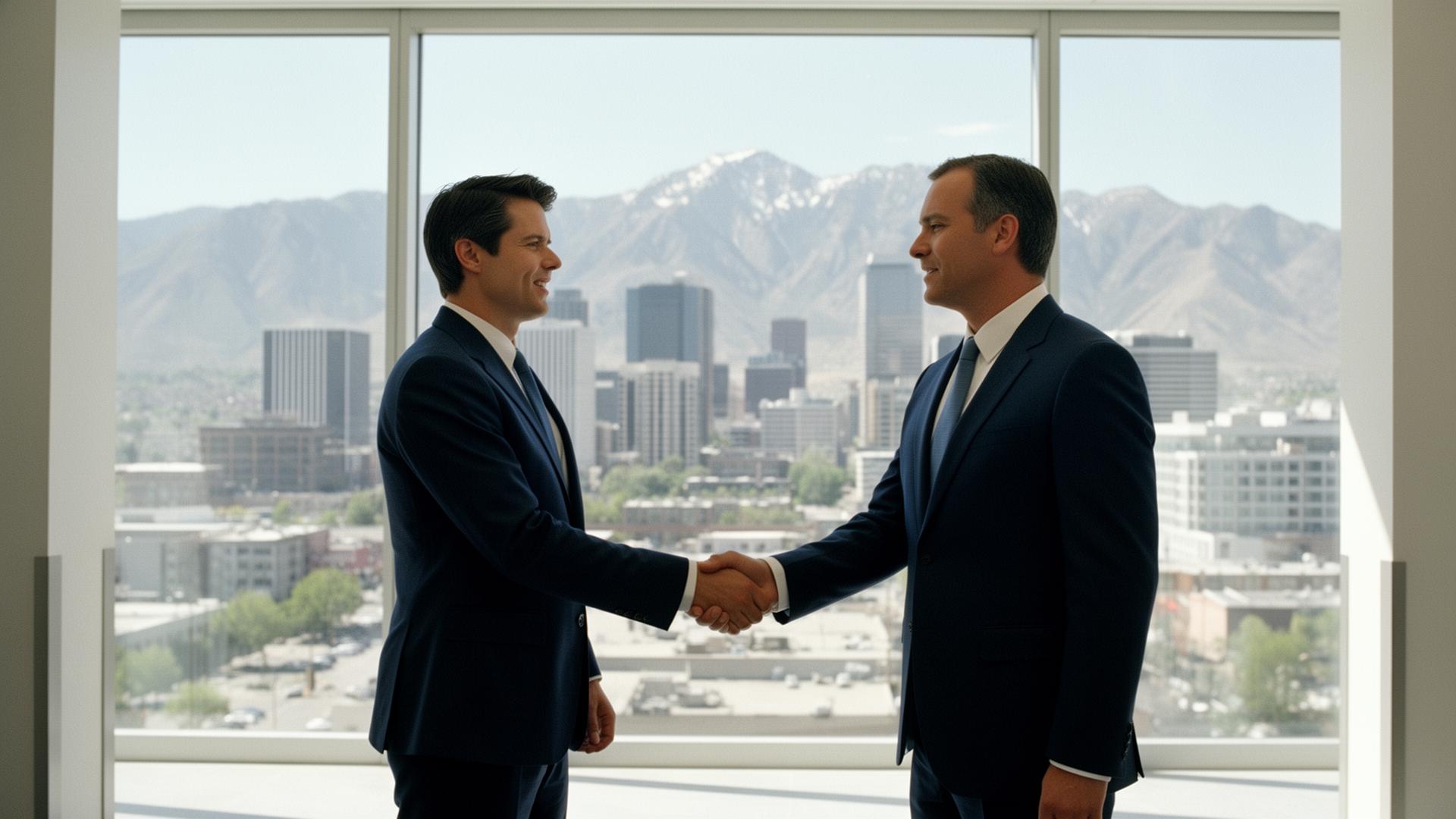 Two business partners shaking hands with the SLC skyline